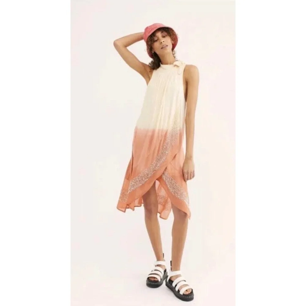 Free People Dance With Me Tunic Dress Women XS Orange Ombre Beaded Halter Boho